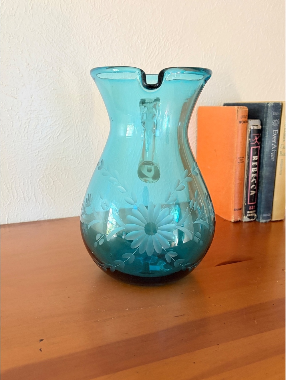 Glass Pitcher Etched Florals - Pear Pitcher - Aqua - Made in Mexico